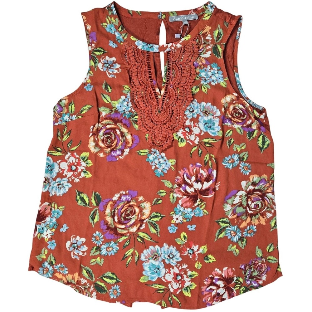 Daniel Rainn Rust Floral Sleeveless Crochet Lace Trim Blouse Top D15302PR1 M